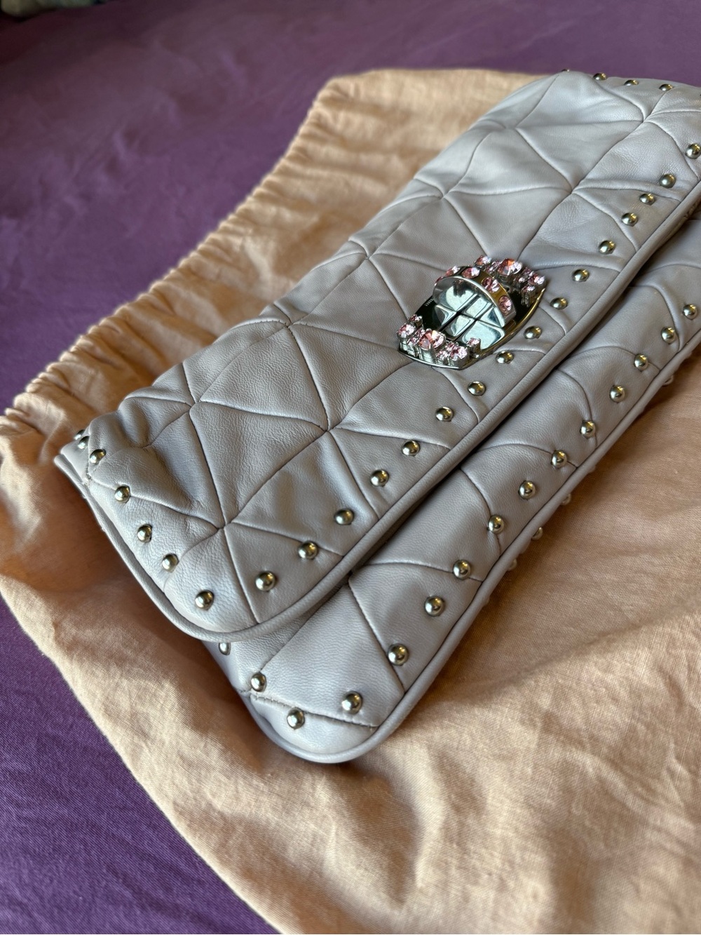 Miu Miu by Prada Quilt Studded Shoulder Bag Jeweled Chain Y2K Clutch Versatile - Picture 11 of 11